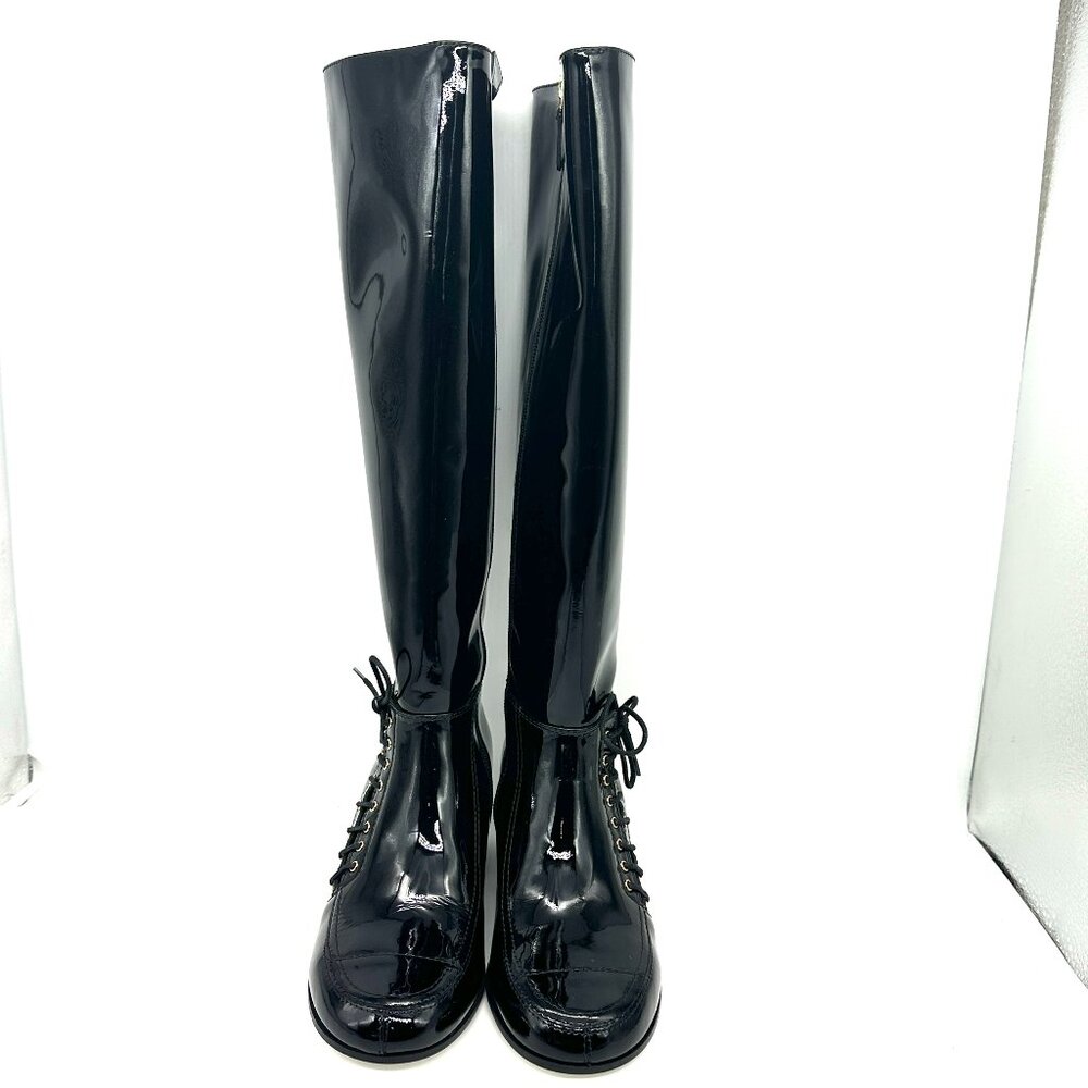 CHANEL 15A Patent Calf Leather Knee High Tall Lace Up Boots Shoes - Picture 5 of 16
